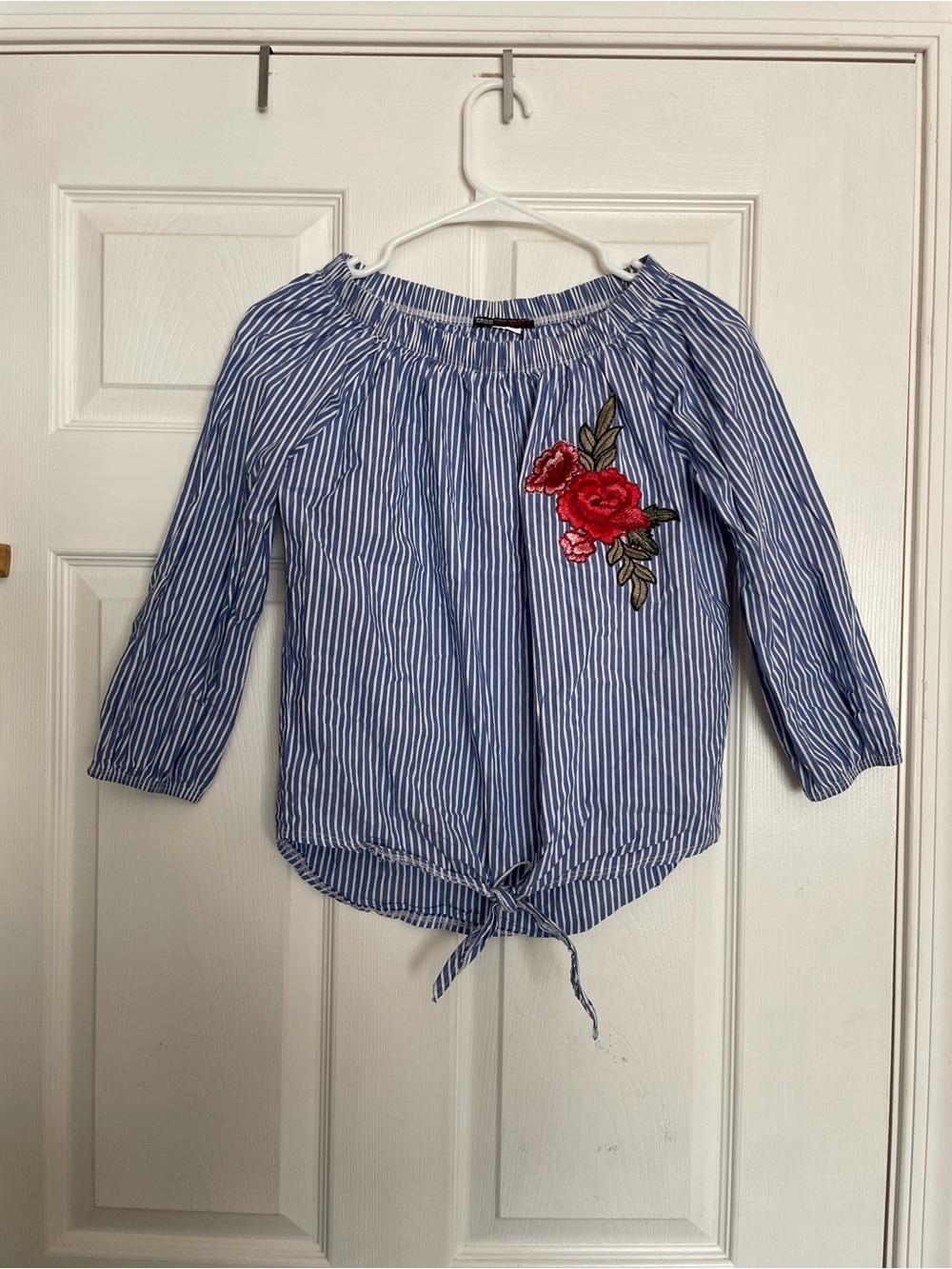 Miss Majesty Blue Striped Off-Shoulder Top with Red Rose Embroidery XS/S